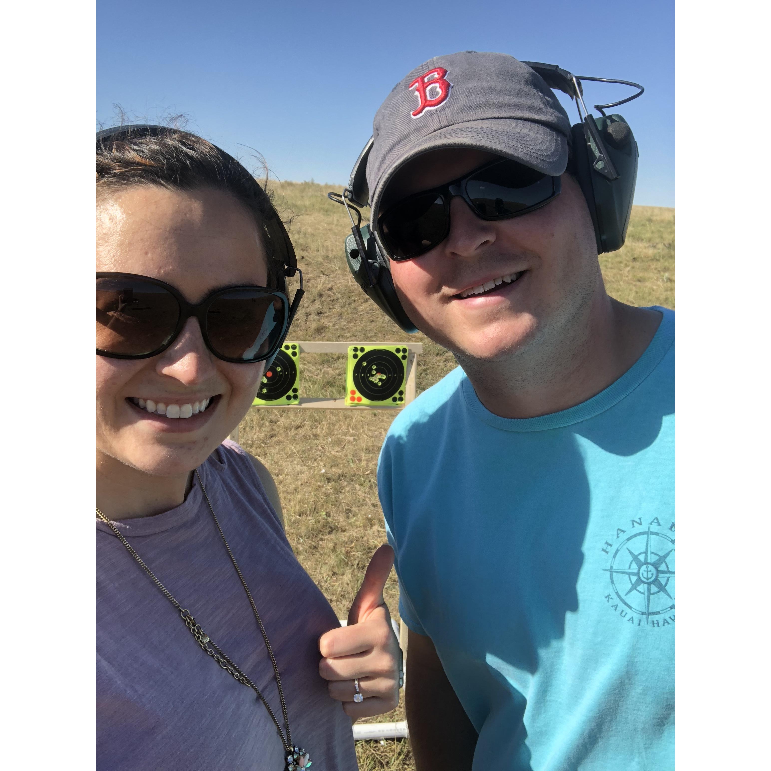 Lauren is giving Kevin a lesson in shooting