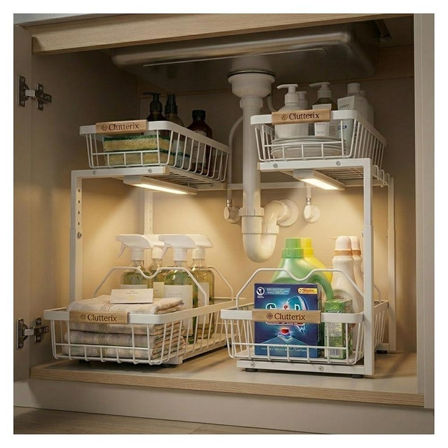 Clutterix Under Sink Organizer with Motion-Activated LED Lights, 2 Pack, 2 Tier Sliding L-Shaped Carbon Steel Rack with Adjustable Height, Dividers & Hooks (White)