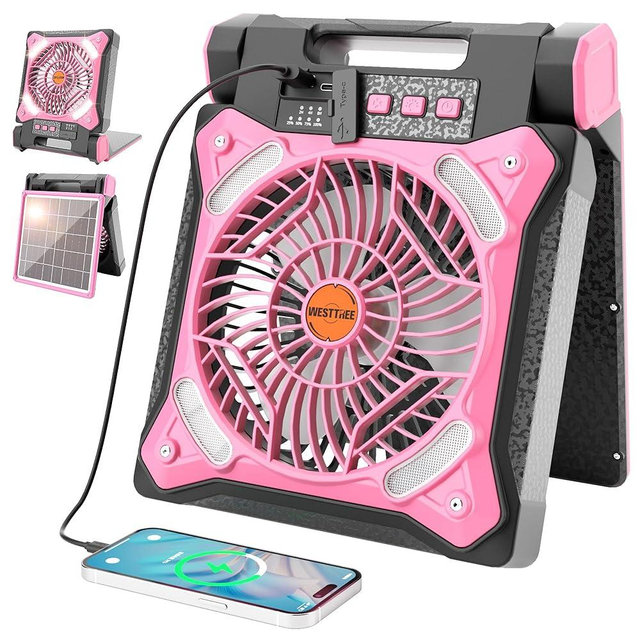 WESTTREE Solar Fan Battery Powered Rechargeable Solar Camping Fan with Led Lantern & Power Bank Foldable Angle USB Personal Fans for Travel Outdoor Camping Tents X98 Pink