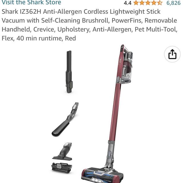 Shark IZ362H Anti-Allergen Cordless Lightweight Stick Vacuum with Self-Cleaning Brushroll, PowerFins, Removable Handheld, Crevice, Upholstery, Anti-Allergen, Pet Multi-Tool, Flex, 40 min runtime, Red