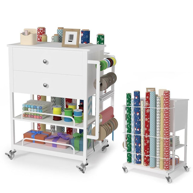 Anrigeail Wrapping Paper Storage & Organizer, Craft Cart with Ribbon & Gift Bag Storage, Wrapping Paper Organizer Holder(2 Wooden Drawers-White)