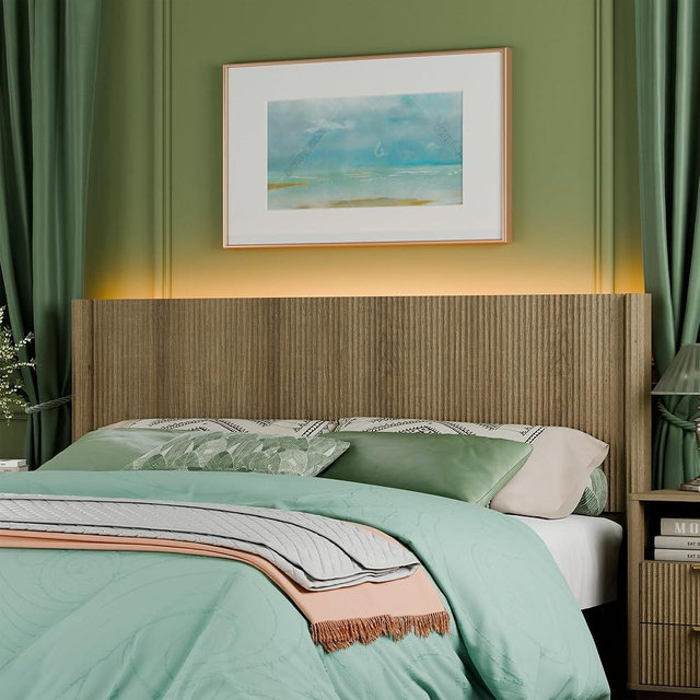 BONITURE King Size Headboard Only, Modern Fluted Wall-Mounted Head Board with Lighting, Boho Wood Bed headboard Stylish Bedroom Decor, Natural
