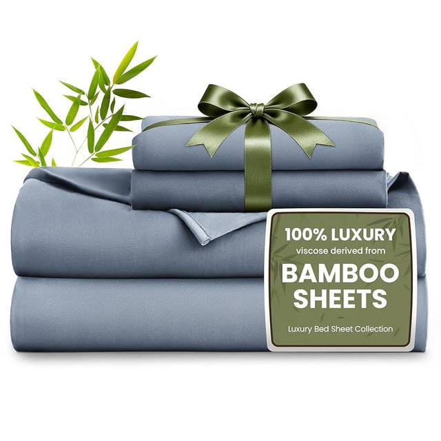 Love's cabin 4 Piece Queen Sheet Set, Cooling Sheets, 100% Rayon Derived from Bamboo, Breathable & Soft Queen Size Bed Set, Deep Pocket Up to 16", Hotel Luxury Silky Bedding Sheets, Bluish Grey