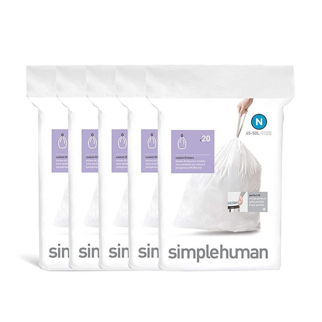 simplehuman Code N, 45-50 Liter / 12-13 Gallon, Whit Custom Fit Drawstring Trash Bags, 100 Liners, White