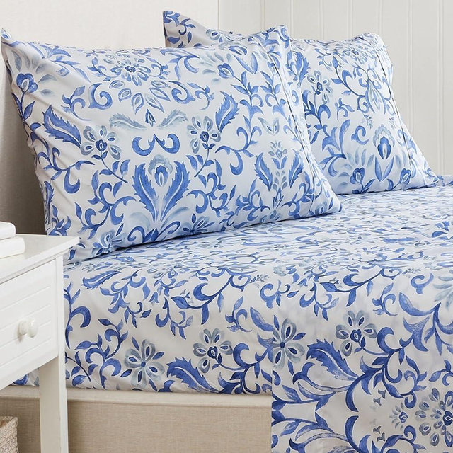 Great Bay Home 4-Piece Floral Print Ultra-Soft Microfiber Sheet Set. Wrinkle Free, Comfortable, All-Season Bed Sheets. (Queen, Watercolor Flowers - Blue)