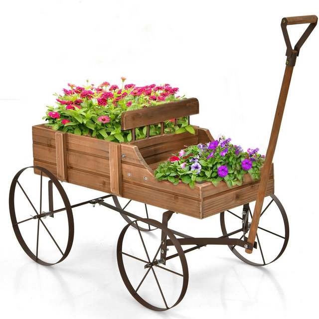 Costway Garden Plant Planter Wooden Wagon Planter W/ Wheel Garden Yard Brown