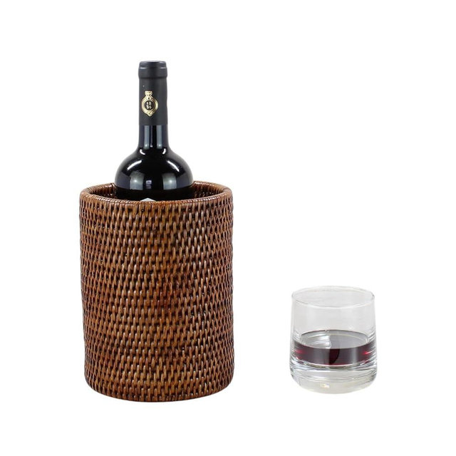 ECO HANDCRAFT Handwoven Rattan Wine Bottle Holder – 5.9"x7.9" Tight Woven Burmese Bucket or Vase (Red Brown)