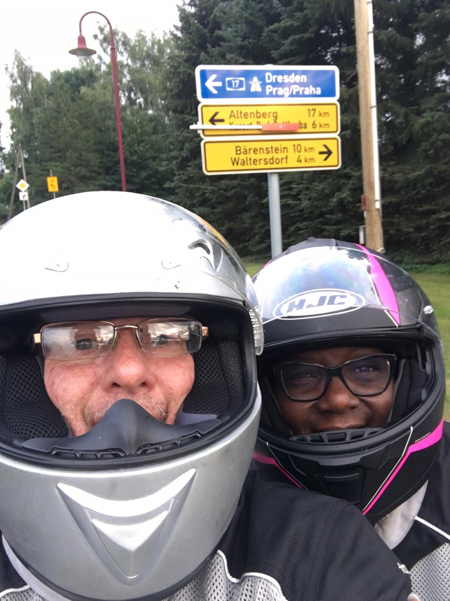 A brief stop on our motorcycle ride from Berlin, Germany to Prague in the Czech Republic. He almost left me in Berlin. You'll have to ask him about that.