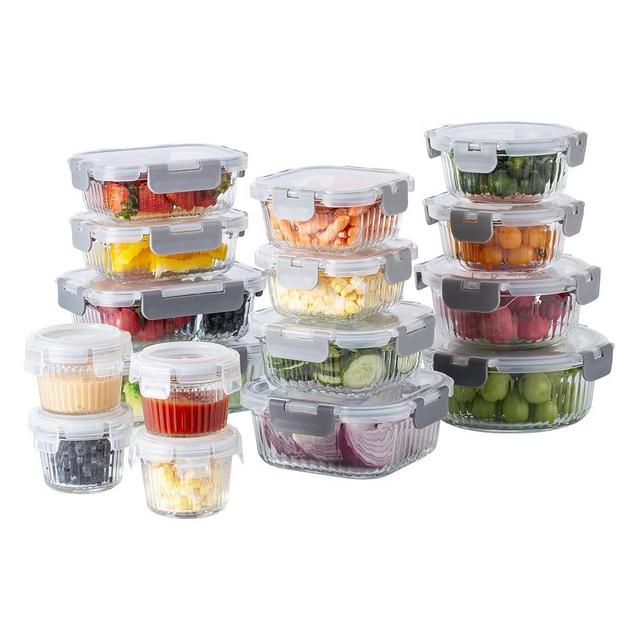 COOK WITH COLOR Premium 32-Pc. Borosilicate Glass Food Container Set with Dividers - 4 Rectangles, 8 Rounds, 4 Squares - Leakproof Lids - Meal Prep, Storage, Fluted Ombre Grey