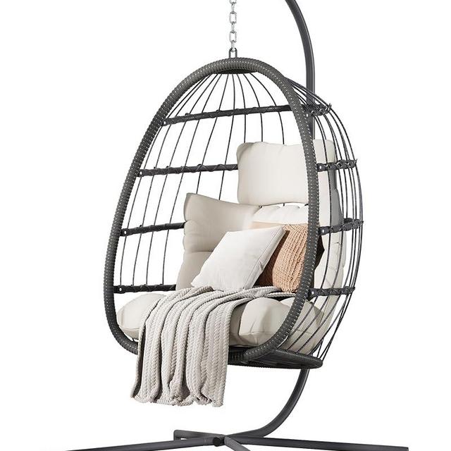 HWB Hanging Egg Chair with Stand, Patio Wicker Egg Swing Chair with Cushion for Bedroom Garden Indoor Outdoor (Beige)