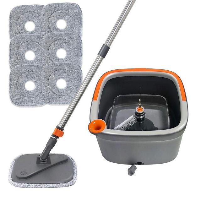 Spin Mop and Bucket Set with 6 microfibra Replaceable Mop Pads with Self Separation Dirty and Clean Water System, Self Wringing 360° Rotating Square Mop-Head for Hardwood Tile Marble Floors