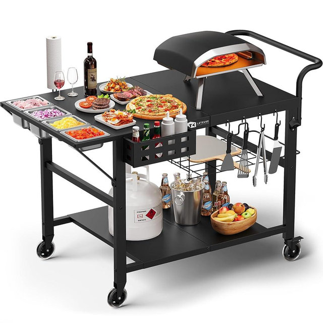 Pizza Oven Table Grill Cart for Blackstone Griddle, Outdoor Pizza Oven Stand Fits Ninja Griddle, Cuisinart, Gozney, Solo Stove, BBQ Prep Tables Station with Seasoning Tray, 47.2"x27.5"x35.8"