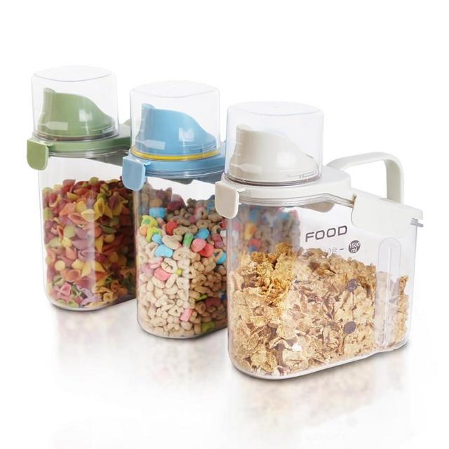 LANGMINGDE 3 Pieces Cereal Containers Storage, 51fl.oz/1.5L Compact Crystal Clear Dry Food Storage Containers with Pouring Spout Measuring Cup for Rice Nuts Beans Pet Food Snacks Candies, 3PCS