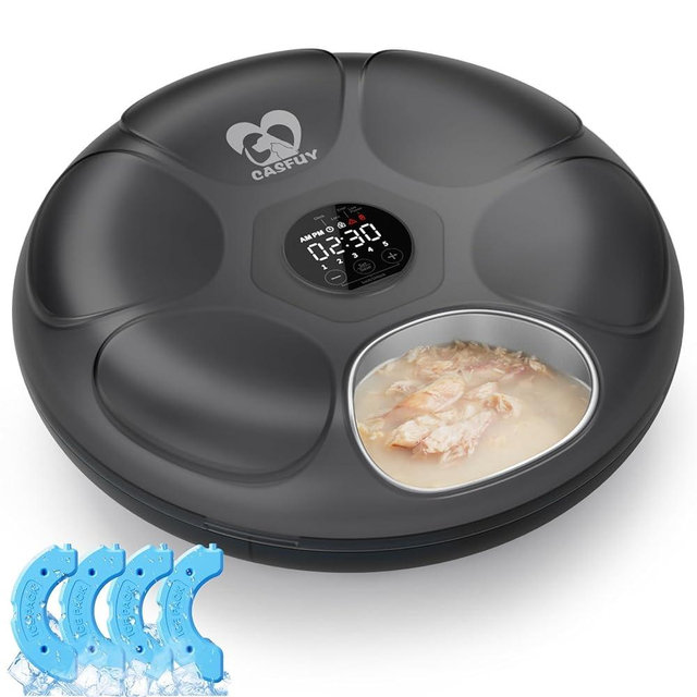 Casfuy Automatic Cat Feeder Cordless - Automatic Cat Food Dispenser with Stainless Steel Tray for Wet Food Rechargeable Auto Feeder for Cats Small Dogs with Programmable Timer Low Battery Indicator