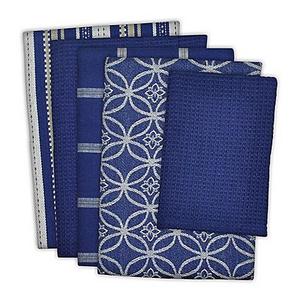 Design Imports 5-Piece Patterned Kitchen Towel and Dish Cloth Set in Blue/White