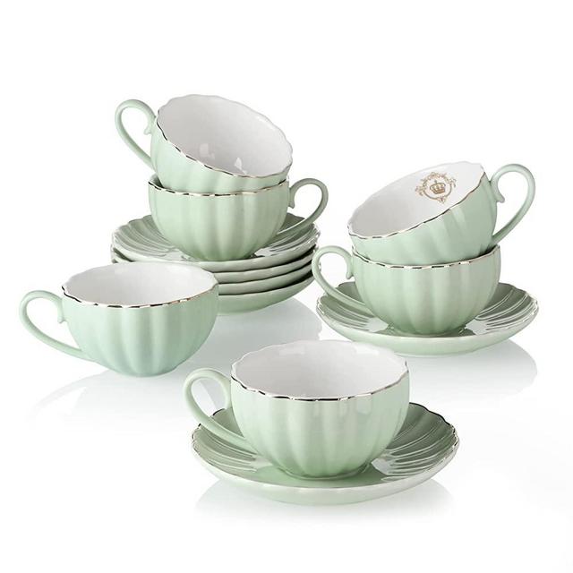 Amazingware Royal Tea Cups and Saucers, with Gold Trim and Gift Box, British Coffee Cups, Porcelain Tea Set, Set of 6 (8 oz)- Mint Green