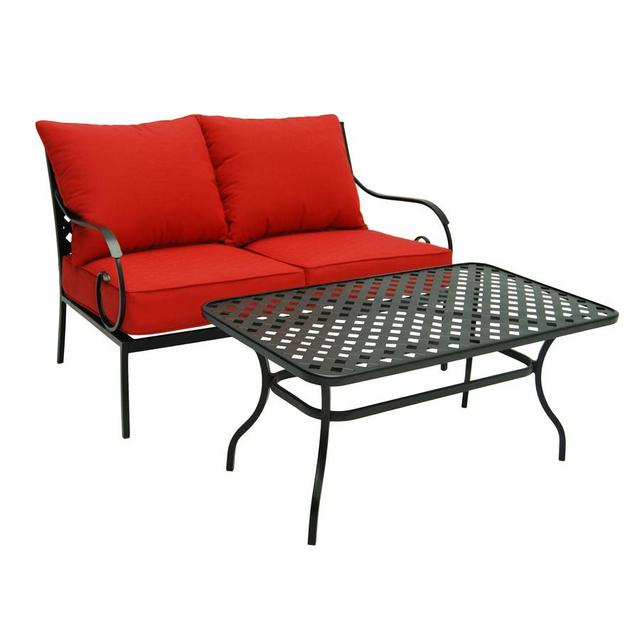 Garden Treasures Yorkford 2-Piece Black Steel Patio Conversation Set with Red Cushions