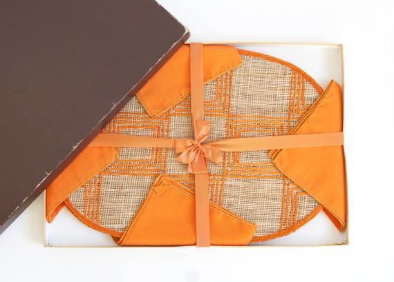 Vintage 1960s Orange Raffia Placemats and Napkin Set, Retro Tablescapes New in Box