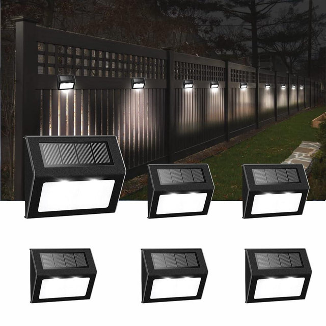 TFTEK Solar Fence Lights Outdoor, Waterproof Deck Pathway Yard Lamp, Stainless Steel,6 Pack,Black Metal case, White Light