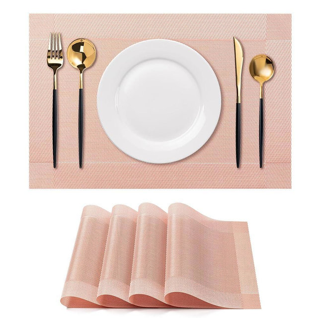 CADONO Placemats Set of 4 Washable Indoor/Outdoor Vinyl Place Mats for Dining Table Durable Non-Slip Heat Resistant PVC Weave Table Mats（Four-Corner-Peachpink）
