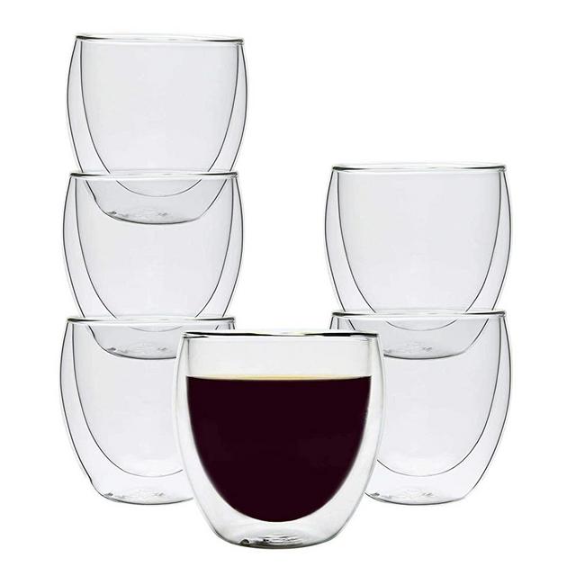 Double Wall Cups Glass 8.5 OZ - Set of 6, Insulated Thermal Mugs Glasses For Tea, Coffee, Latte, Cappucino, Cafe, Milk