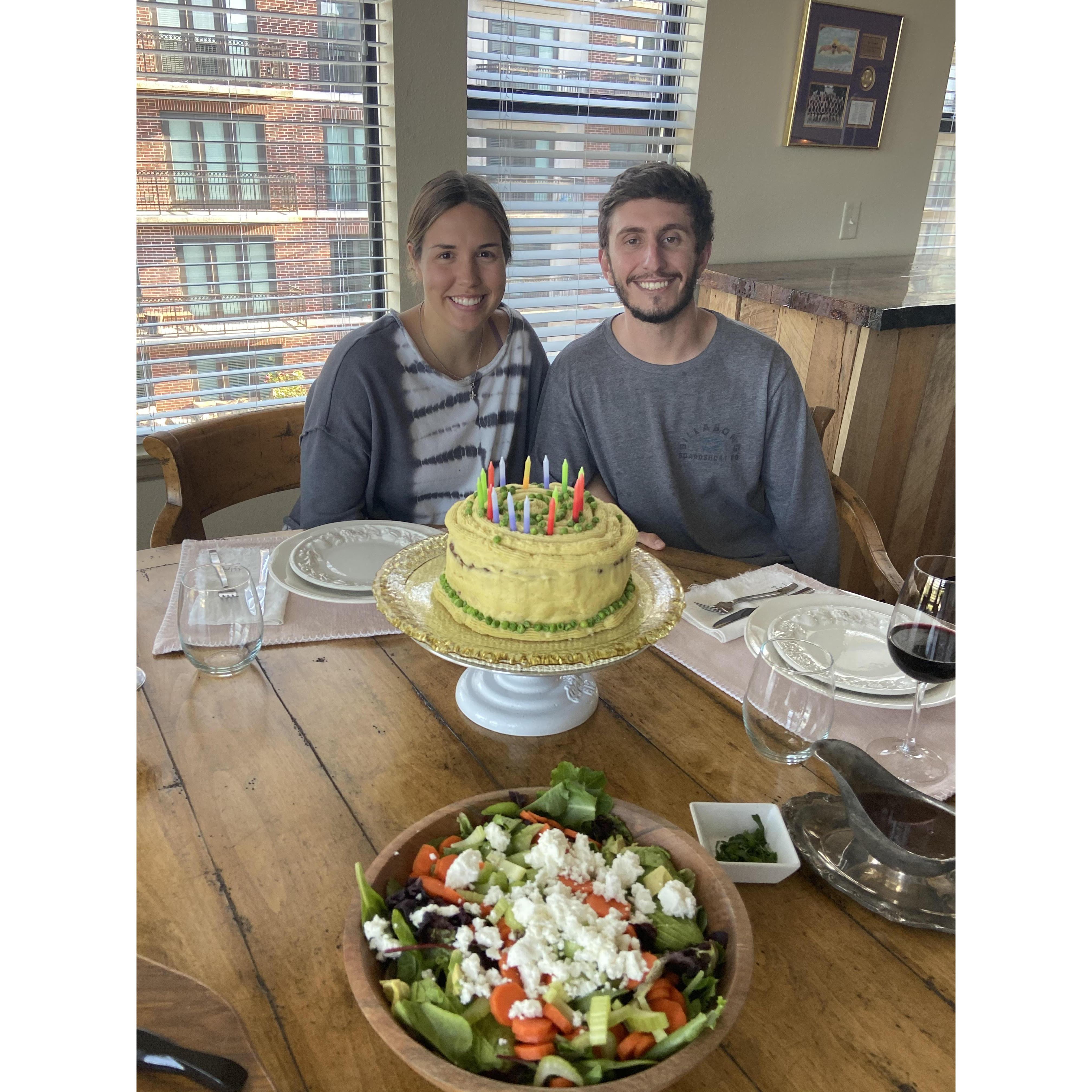 Nicks (quarantine) birthday! Meatloaf cake with mashed potato frosting.... tasted better than it sounds!