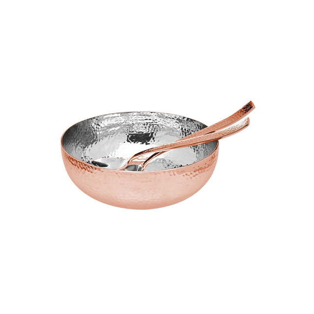 Lexi Home Copper Hammered Stainless Steel Salad Bowl Set with Serving Tools
