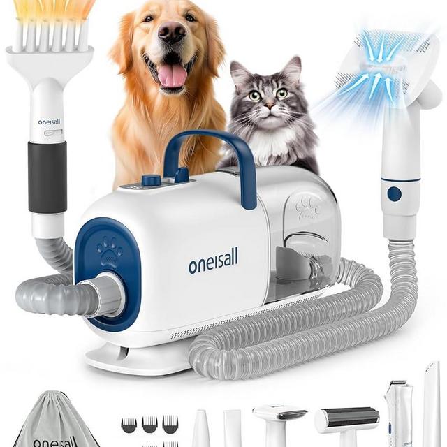 oneisall Dog Grooming Vacuum Blow Dryer and Clippers, Dog Grooming Kit for Shedding Drying Trimming Pet's Hair, 7 Levels of Blow Temperature, Adjustable Air Flow