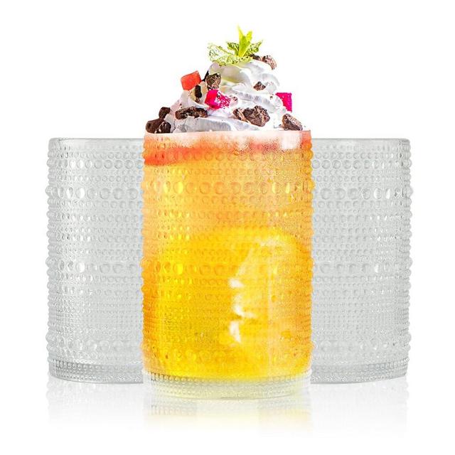AWWAOOAWW GLASSWARE Highball Hobnail Drinking Glasses Set of 12,14 oz Embossed Beaded Vintage Glasses Drinking set, Water, Juice, Cocktail, Milk，Dishwasher Safe，Gift box packaging (Clear)