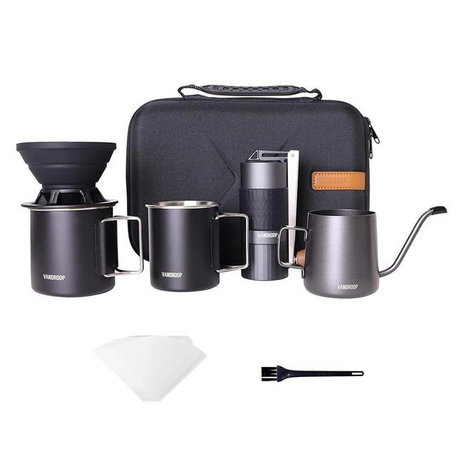 Vandroop Pour Over Coffee Maker Set, ALL in 1 Portable Set- Manual Coffee Grinder with Stainless Steel Conical Burr, Collapsible Silicone Coffee Dripper Set, Coffee Gooseneck Kettle