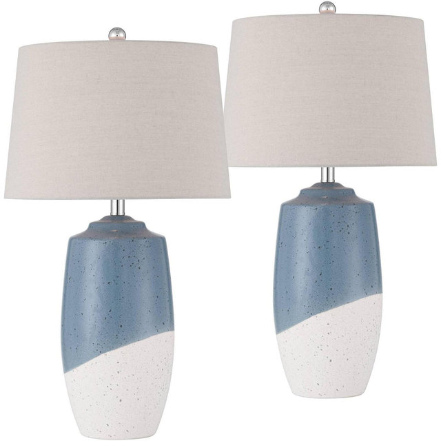 360 Lighting Aegean 28" Tall Coastal Modern Table Lamps Set of 2 Blue White Finish Ceramic Beige Shade Living Room Bedroom Bedside Nightstand House
