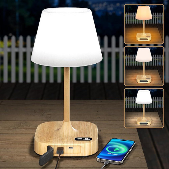 Lightbiz Outdoor Table Lamp - 8000mAh Cordless Rechargeable Battery, IP55 Waterproof, 3 Colors & 5 Brightness, Dimmable LED Display Touch Lamp for Camping, Bedroom, Patio (Wood)