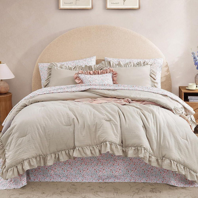 BLOOMHAVEN Full Comforter Set - 7 Pieces Ruffle Beige Bedding Sets, Shabby Chic Farmhouse Bed in a Bag Full with Ruffle Comforter, Floral Sheets, Pillowcases & Shams