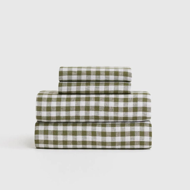 European Linen Gingham Sheet Set in Olive / Cal King Size