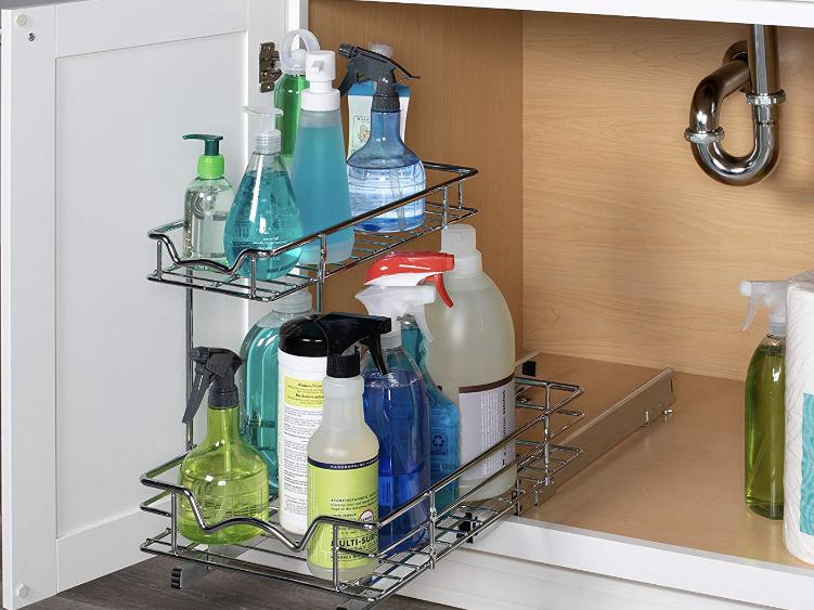 Slide Out Cabinet Organizer - 11"W x 18"D x 14-1/2"H, Requires At Least 12" Cabinet Opening - Kitchen Cabinet Pull Out Two Tier Roll Out Sliding Shelves & Storage Organizer for Extra Storage