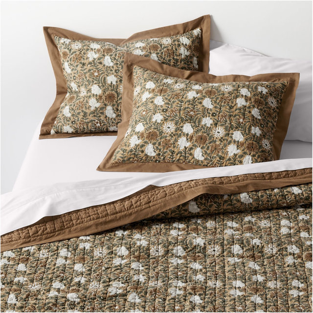 Celeste Organic Cotton Taupe Desert Floral Block Print Full/Queen Quilt