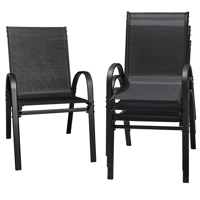 Flamaker Patio Chairs Stackable Dining Chairs Set of 4 Metal and Teslin Outdoor Chairs for Lawn Deck Porch Balcony (Black)
