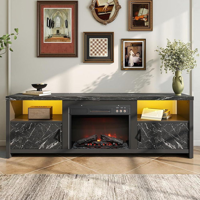 Bestier 70" Electric Fireplace TV Stand for TVs Up to 75", Modern Fireplace Entertainment Center with Storage Cabinets, LED Lights, Open Shelves and Cable Holes for Living Room, Black Marble