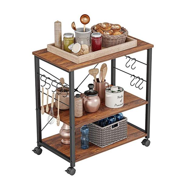 CubiCubi Kitchen Baker's Rack, 3 Tier Utility Kitchen Serving Cart with Wheels, Microwave Cart with Storage, Coffee Station for Kitchen, Metal Frames and 10 Hooks, Deep Brown