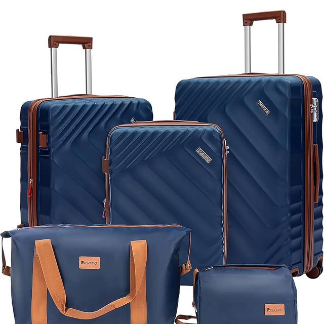 Rosamo 5 piece Luggage set Expandable Suitcase 22x14x9 Airline Approved Carry on, ABS Hard Case Suitcases with Spinner Wheels, TSA Lock, Durable Waterproof Travel Set (Dark Blue)