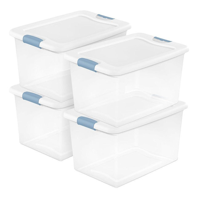 Sterilite 4-Pack 64 Quart Latching Box, Clear Plastic Storage Organizer Bins with White Lids - Large Stackable Containers for Home Bedroom, Dorm Room, and Closet Organization