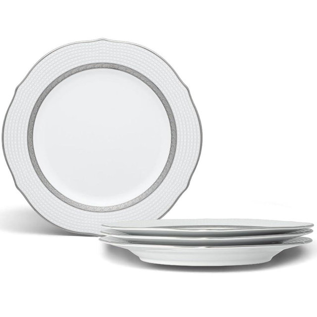 Noritake Charlotta Platinum Accent Dinner Plate, Scalloped, 9", Set of 4 in White