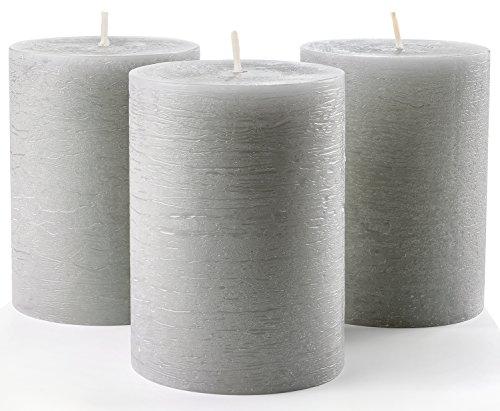 Set of 3 Grey Pillar Candles 3" x 4" Gray Rustic Unscented Dripless Candles for Wedding Decoration Church Restaurant Spa Florist by Melt Candle Company