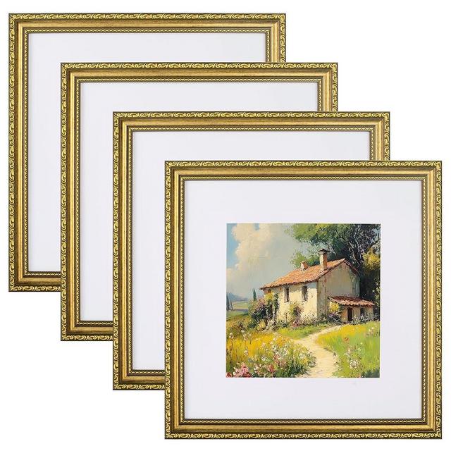 eletecpro 12x12 Picture Frames Set of 4, Vintage Photo Frames with Glass, Gold Frames 12x12 Display 8x8 Photo with Mat or 12x12 without Mat for Home Wall Decor, Gold