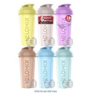 VELOMIX -6 PACK- 28 oz Protein Shaker Bottle for Protein Mixes - 6x Wire Whisk | Leak Proof Shaker Cups for Protein Shakes | Protein Shaker Bottle Pack | Protein Shake Cup (Pastel Power Series)