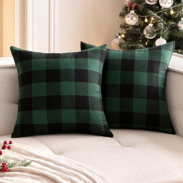 Woaboy Pack of 2 Christmas Buffalo Check Throw Pillow Covers Plaids Farmhouse Throw Pillows Linen Soft Decorative Couch Pillow Covers Home Decor for Cushion Sofa Bedroom 20x20 Inch Green and Black