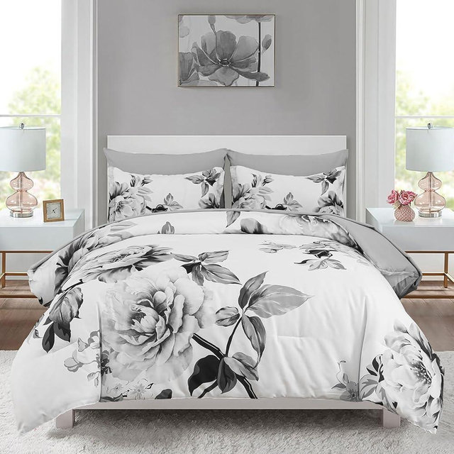 Drucon Grey Floral Comforter Set King 7 Pieces Bed in a Bag Botanical Floral Comforter Soft Microfiber Grey Bedding Set King Size Bed with Sheet and Pillowcase