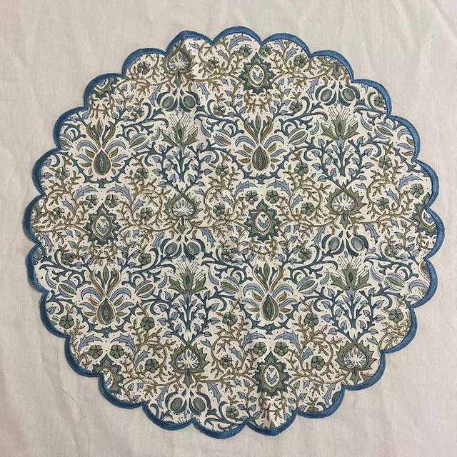 Ridhi Indigo Floral Hand Block Print Cotton15 Inch Round Set of 4 Reusable Washable PlaceMats Kitchen Dining Thanksgiving Halloween Christmas Weddings Everyday Use