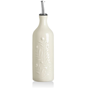 Sweejar Large Olive Oil Dispenser Bottle with Spout, 24 Oz Ceramic Oil Dispenser for Kitchen, Relief Opaque Oil Cruet, Oil Container for Cooking, EVOO, Avocado Oil, Vinegar, Pack of 1 (Beige)