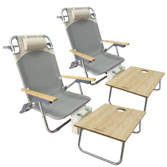 WKFAMOUT Folding Backpack Beach Chair 2 Pack Aluminum 5-Position with Samll Camping Table Bamboo Lay Flat Lounge Chair Outdoor for Adults with Insulated Cooler Bag